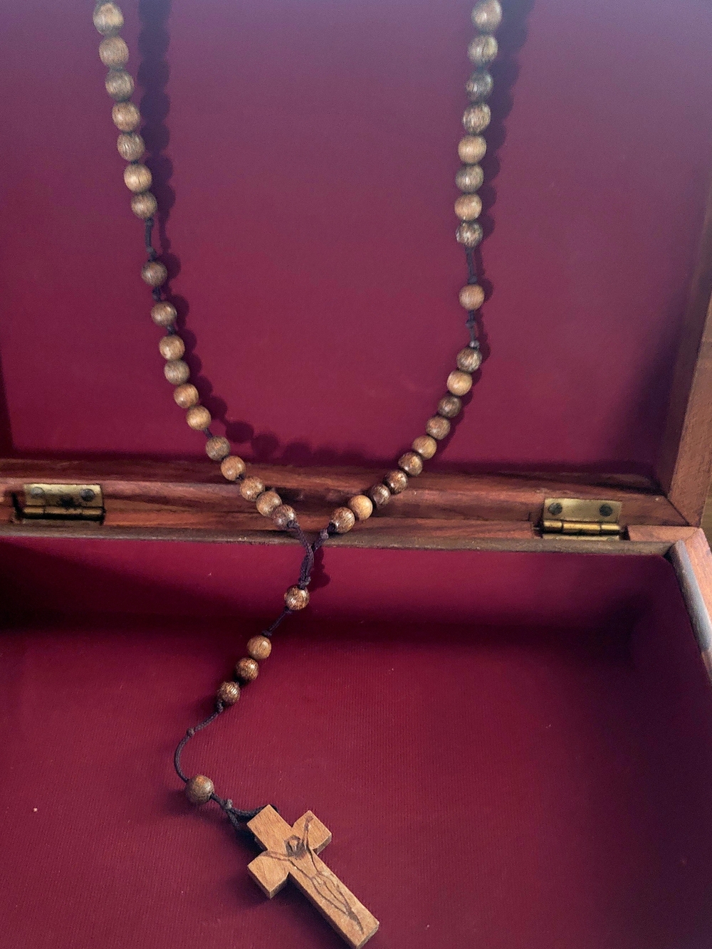 Hand Crafted Brown Wooden Bead Rosary Necklace with Cross Pendant